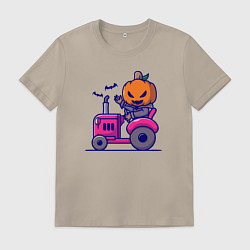 Футболка хлопковая мужская Тыква на тракторе, цвет: миндальный