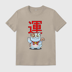 Футболка хлопковая мужская Кот на удачу, цвет: миндальный