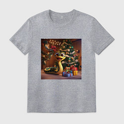 Футболка хлопковая мужская Веселая Новогодня змейка с подарками, цвет: меланж