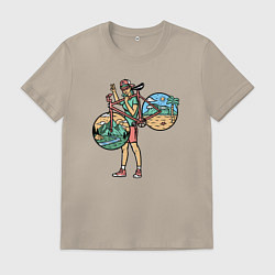 Футболка хлопковая мужская Девушка с великом, цвет: миндальный