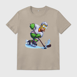 Футболка хлопковая мужская Гомер Симпсон - крутой хоккеист, цвет: миндальный