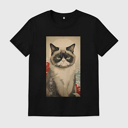 Футболка хлопковая мужская Мемный кот - японский стиль, цвет: черный