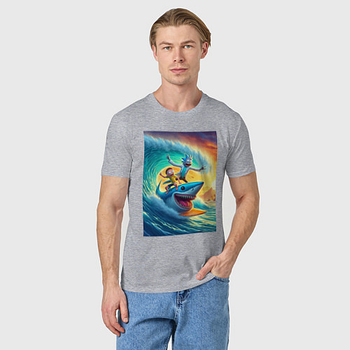 Мужская футболка Рик и Морти - сёрфинг на акуле / Меланж – фото 3