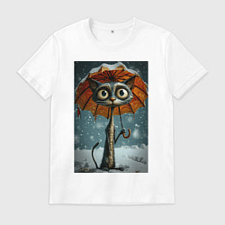 Футболка хлопковая мужская Уличный кот под мокром снегом, цвет: белый