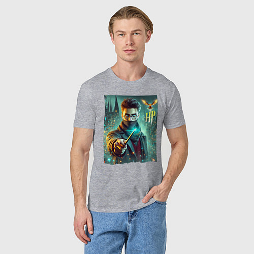 Мужская футболка Harry Potter with a magic wand - ai art fantasy / Меланж – фото 3