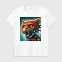 Футболка хлопковая мужская Super cyber red cat - ai art fantasy, цвет: белый