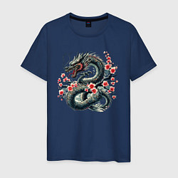 Футболка хлопковая мужская Japanese dragon and sakura - irezumi, цвет: тёмно-синий