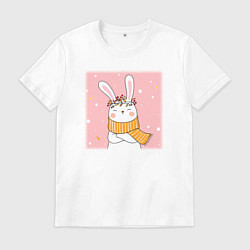 Футболка хлопковая мужская Милый заяц с шарфом, цвет: белый