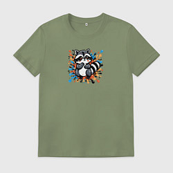 Футболка хлопковая мужская Енот и разноцветные брызги, цвет: авокадо