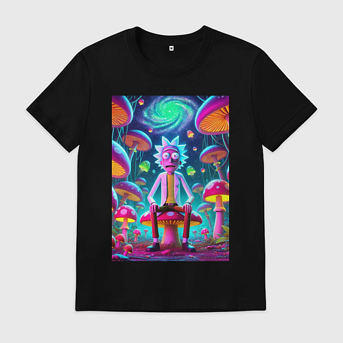Мужская футболка Рик среди неоновых грибов - нейроарт фантазия / Черный – фото 1