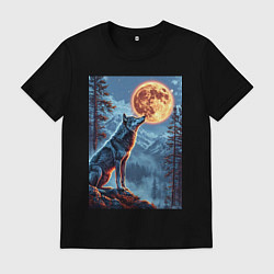 Футболка хлопковая мужская Волк и луна, цвет: черный