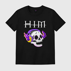 Футболка хлопковая мужская HIM - неоновый череп, цвет: черный