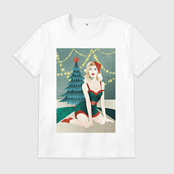 Футболка хлопковая мужская Девушка в новогоднем костюме, цвет: белый