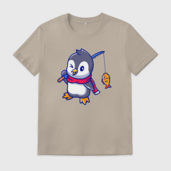 Футболка хлопковая мужская Пингвин рыбак, цвет: миндальный