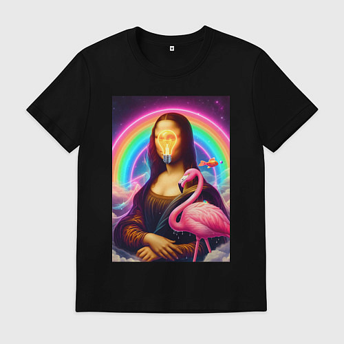 Мужская футболка Мона Лиза - лампочка и розовый фламинго / Черный – фото 1
