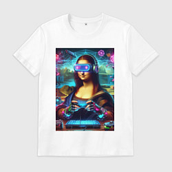 Футболка хлопковая мужская Mona Lisa is an avid gamer - cyberpunk, цвет: белый