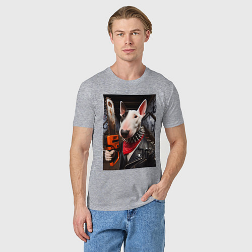 Мужская футболка Бультерьер с бензопилой - нейроарт / Меланж – фото 3