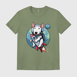 Футболка хлопковая мужская Щенок бультерьера на ракете в космосе, цвет: авокадо