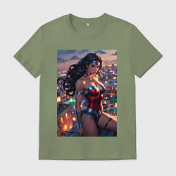 Футболка хлопковая мужская Чудо-женщина на крыше с городским фоном в стиле ко, цвет: авокадо