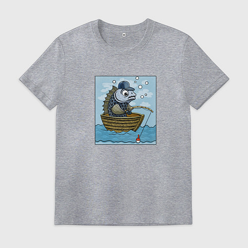 Мужская футболка Рыба ловит рыбу в лодке / Меланж – фото 1