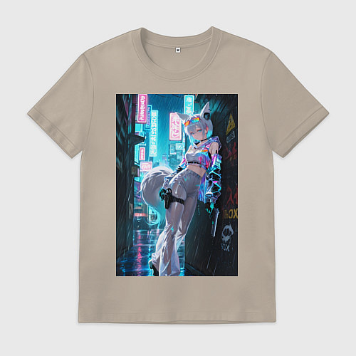 Мужская футболка Лиса наемник в стиле Cyberpunk / Миндальный – фото 1