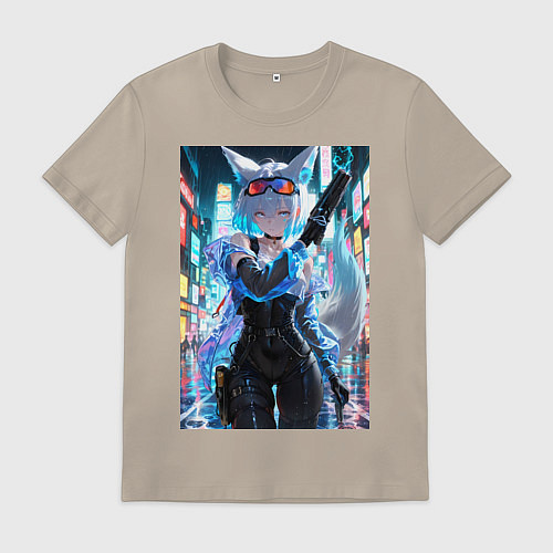 Мужская футболка Лиса наемник в стиле Cyberpunk / Миндальный – фото 1