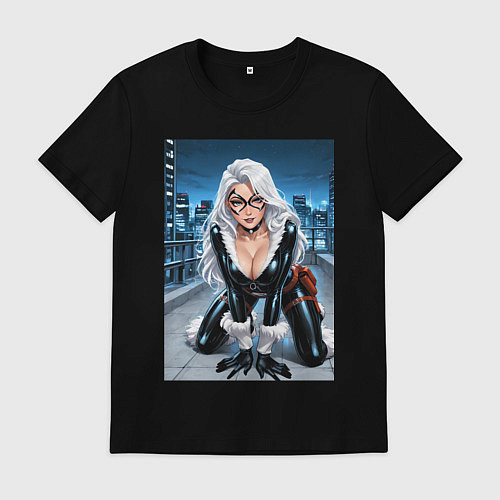 Мужская футболка Черная кошка на крыше небоскреба / Черный – фото 1