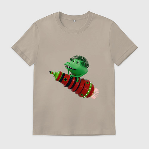 Мужская футболка Зеленый монстр на красной ракете / Миндальный – фото 1