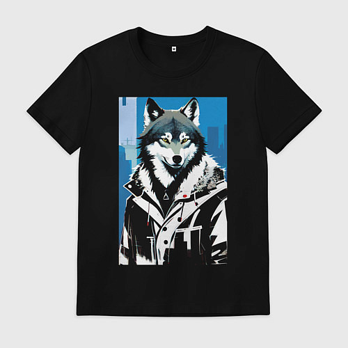 Мужская футболка Волк в мегаполисе - нейроарт / Черный – фото 1