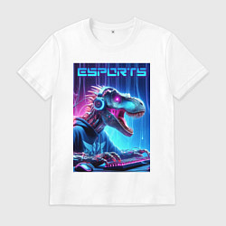 Футболка хлопковая мужская Tyrannosaurus is esports player - neon glow, цвет: белый
