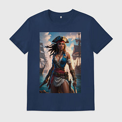 Футболка хлопковая мужская Пиратка на фона флотилии кораблей, цвет: тёмно-синий