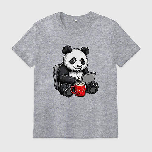Мужская футболка Панда с кофе за ноутбуком / Меланж – фото 1