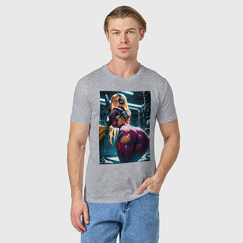 Мужская футболка Девушка с оружием в киберпанк стиле / Меланж – фото 3