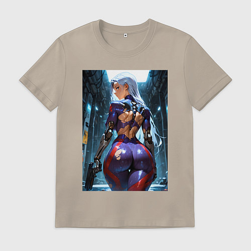 Мужская футболка Девушка с оружием в киберпанк стиле / Миндальный – фото 1