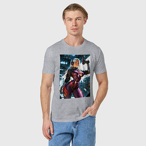 Мужская футболка Девушка с оружием в киберпанк стиле / Меланж – фото 3