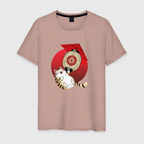 Мужская футболка Летящий кот на фонарике / Пыльно-розовый – фото 1