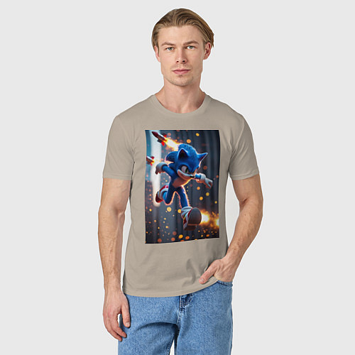 Мужская футболка Соник убегает от летящих ракет / Миндальный – фото 3
