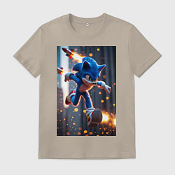 Футболка хлопковая мужская Соник убегает от летящих ракет, цвет: миндальный