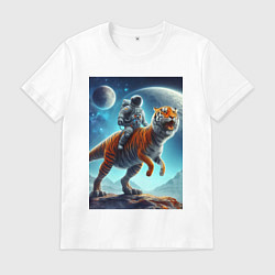 Футболка хлопковая мужская Космонавт верхом на тигрозавре - затерянная планет, цвет: белый