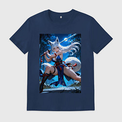 Футболка хлопковая мужская Лисица с катаной на фоне Луны, цвет: тёмно-синий