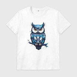 Футболка хлопковая мужская Голубой филин на ветке, цвет: белый