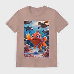 Футболка хлопковая мужская Рыбка клоун плавает с черепахами, цвет: пыльно-розовый