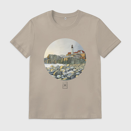 Мужская футболка Акварельный маяк в круге / Миндальный – фото 1