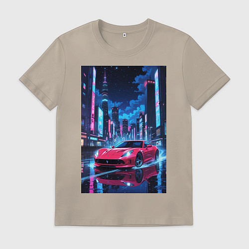Мужская футболка Вишневый спорткар по мокрой дороге / Миндальный – фото 1