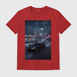 Футболка хлопковая мужская Черный суперкар едет к мегаполису, цвет: красный