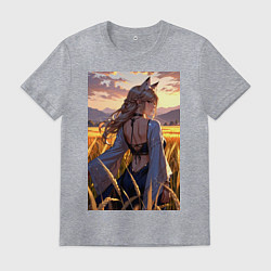 Футболка хлопковая мужская Девушка-волчица посреди поля пшеницы, цвет: меланж