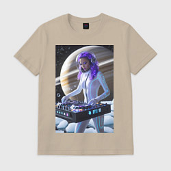 Футболка хлопковая мужская Девушка космо DJ на фоне сатурна, цвет: миндальный