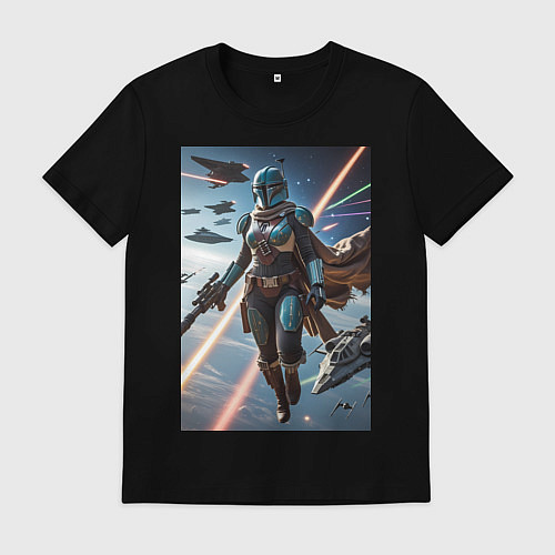 Мужская футболка Девушка-мандалорец в космосе / Черный – фото 1