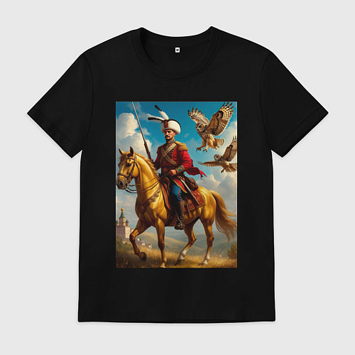 Мужская футболка Казак на коне с совами / Черный – фото 1