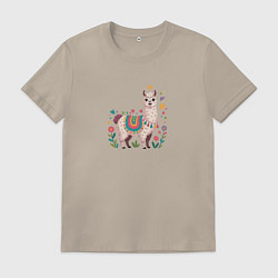 Футболка хлопковая мужская Лама с сердечками и цветами, цвет: миндальный